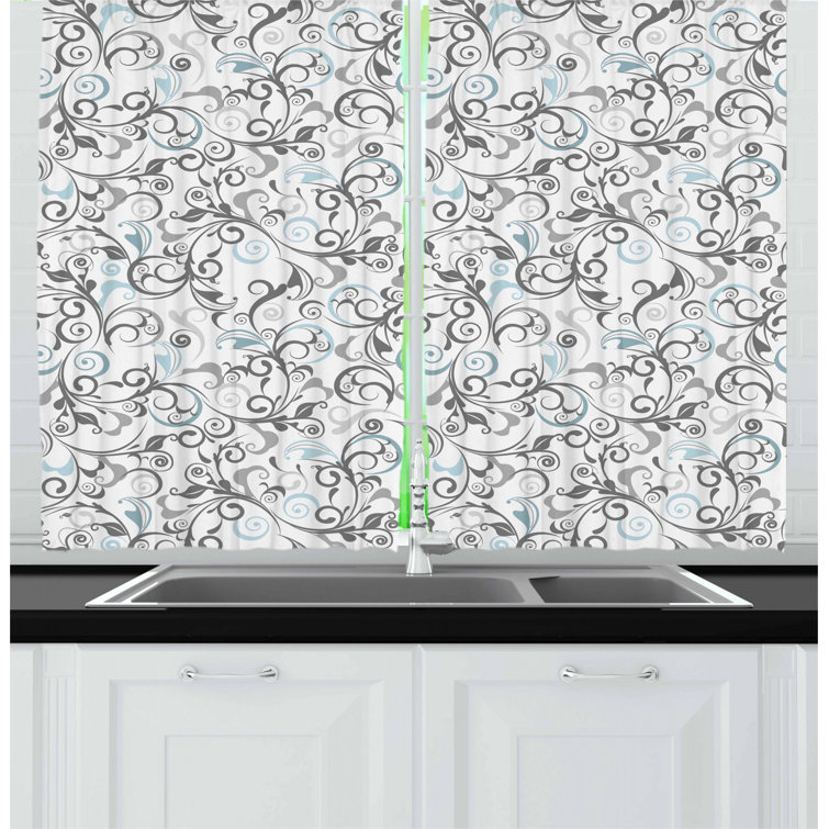 East Urban Home Damask Pointed 55'' Kitchen Curtain in Gray/Pale Blue ...